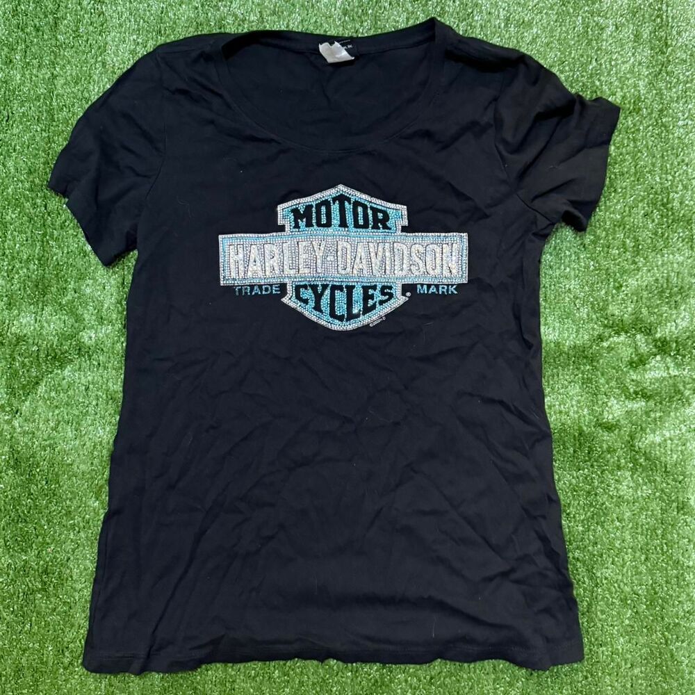 Harley-davidson Women's Black and Navy T-shirt